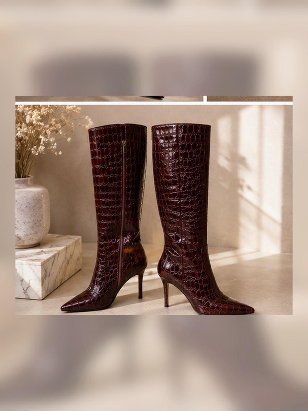 Vintage Ellen Tracy Made Italy Burgundy Croc Embossed Leather Knee High Boots 10 - Picture 15 of 16